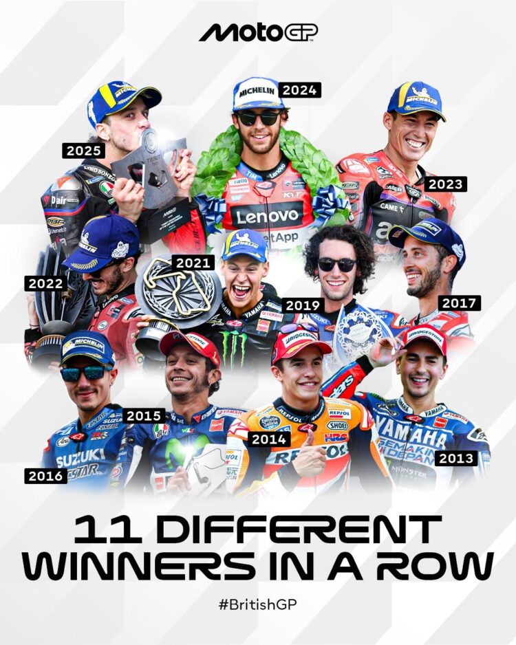 MotoGP: E vão 11! Bezzecchi é o 11º piloto diferente a vencer em Silverstone em 11 anos