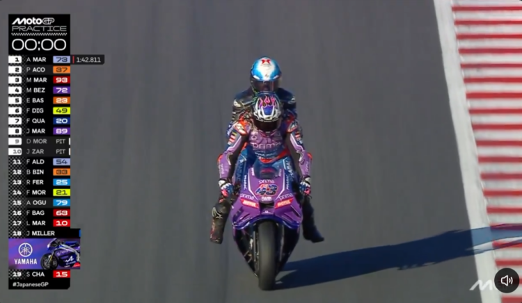 MotoGP: Insólito! Miller dá boleia a Rins e faz um ‘stoppie’ com duas pessoas em Motegi